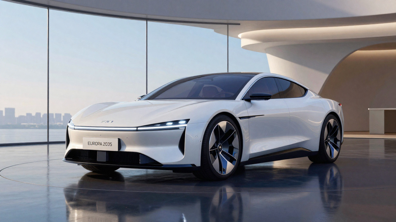 Carro esportivo elétrico branco futurista em ambiente interno moderno com grandes janelas de vidro.