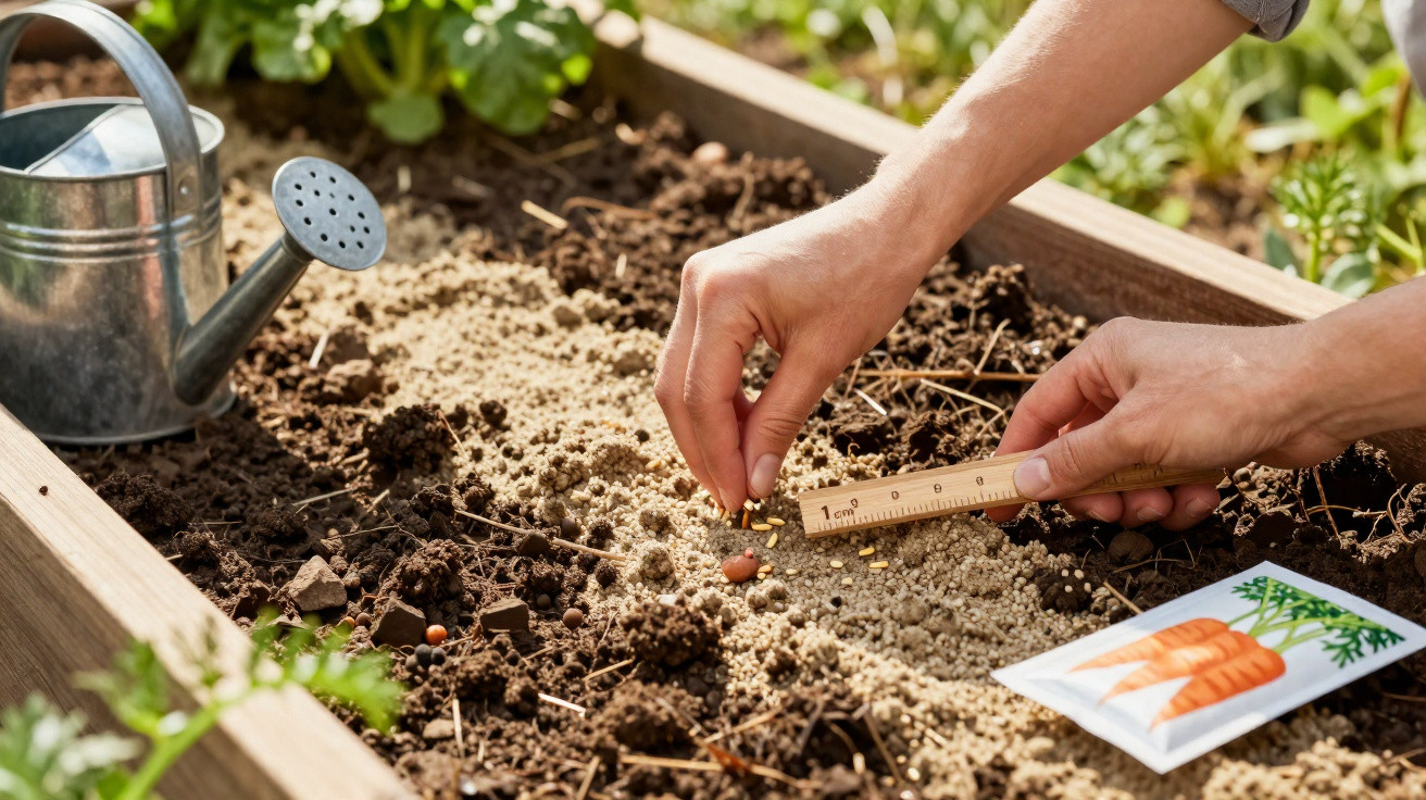 Mãos plantando sementes em solo com régua, pacote de sementes de cenoura e regador ao lado em canteiro.