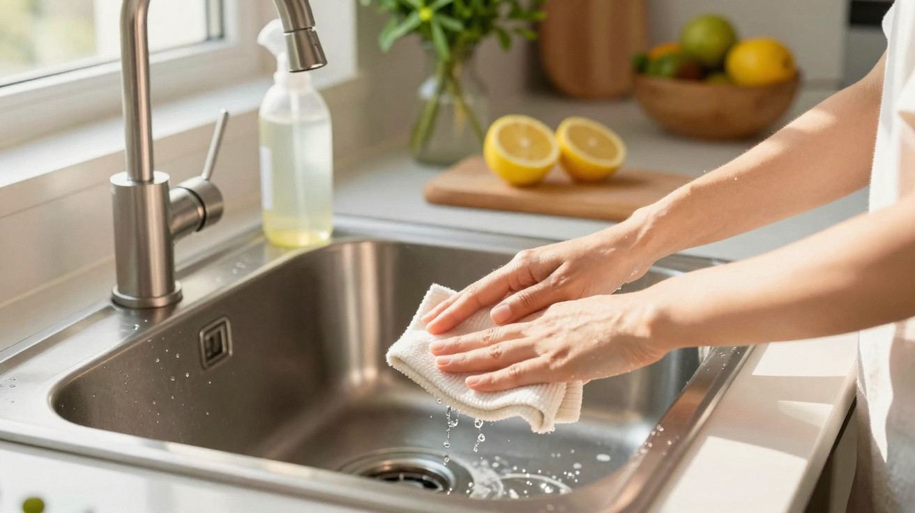 Mãos de pessoa limpando pia de cozinha de inox com pano úmido, com limões e planta ao fundo.