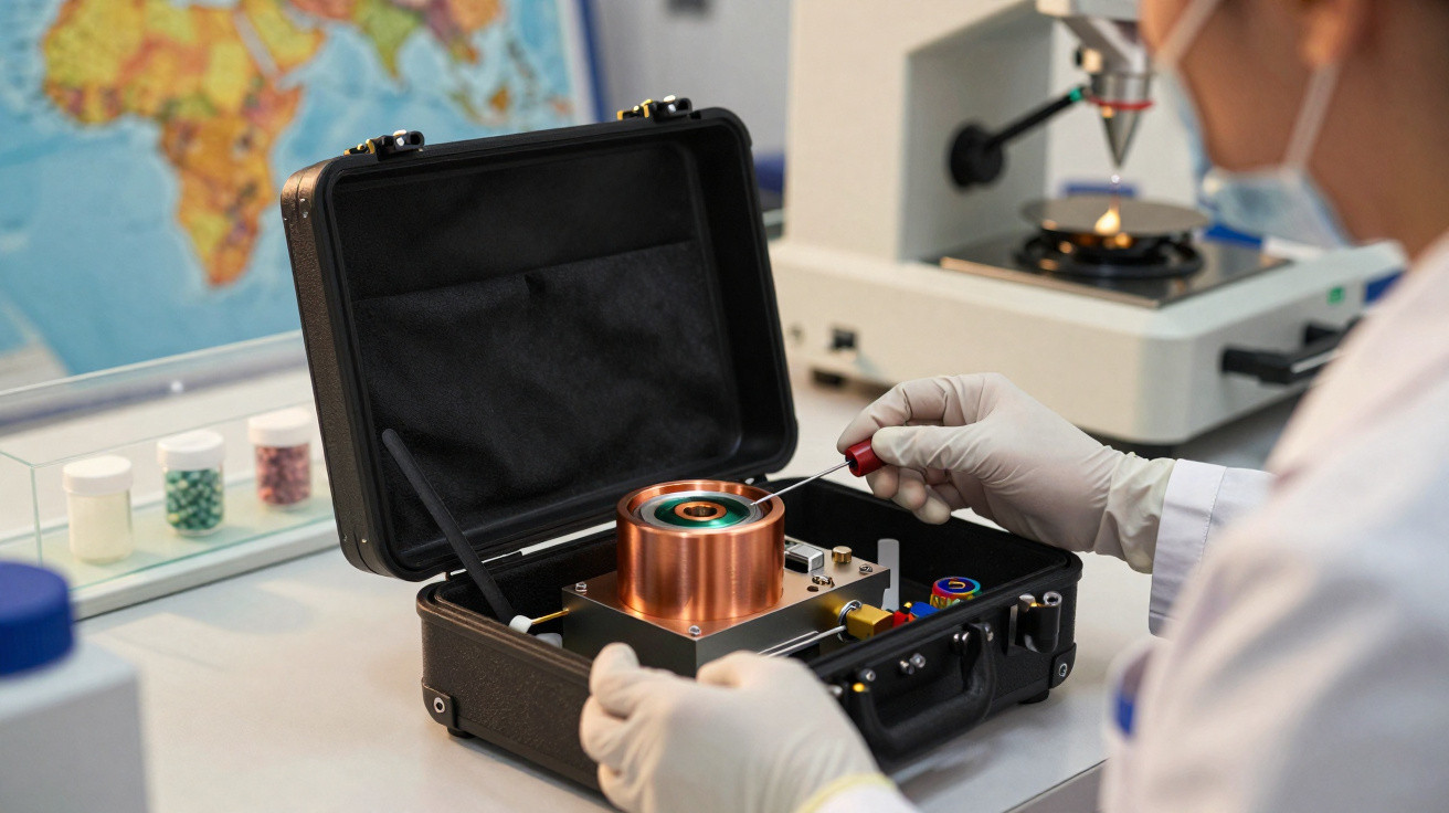 Cientista com luvas manuseando equipamento eletrônico dentro de estojo aberto em laboratório.