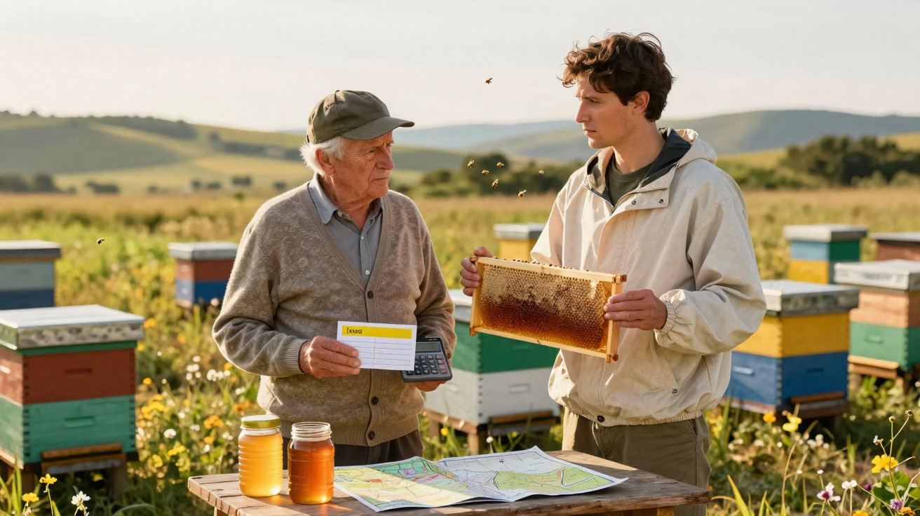 Dois apicultores analisam favo de mel e mapas em mesa no campo com colmeias ao fundo.