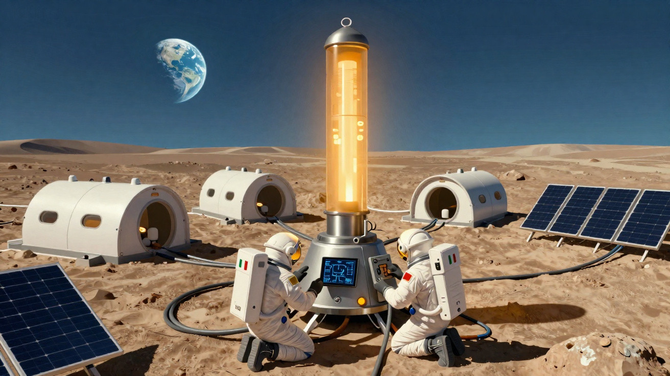 Dois astronautas em uma base lunar com painéis solares e Terra visível ao fundo.