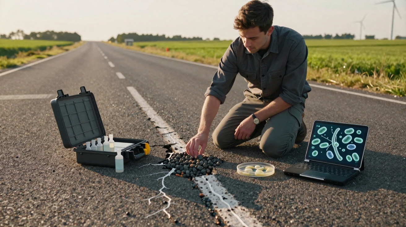 Homem analisando amostras no asfalto trincado de uma estrada ao ar livre com laptop e kit científico.