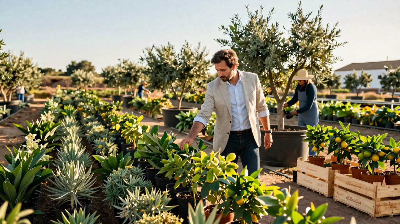 Homem vestido casual observa plantas em viveiro ao ar livre durante o dia ensolarado.