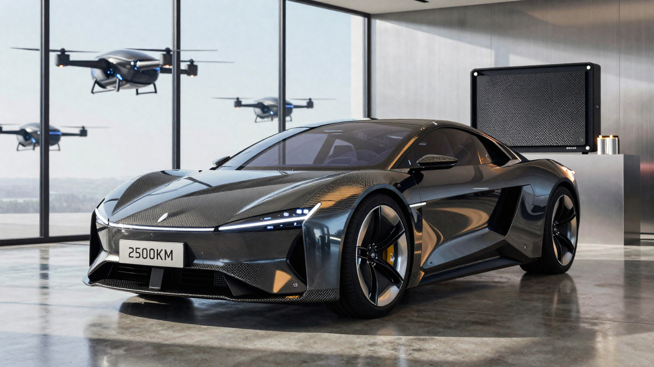Carro esportivo elétrico preto estacionado em garagem moderna com drones voando ao fundo.