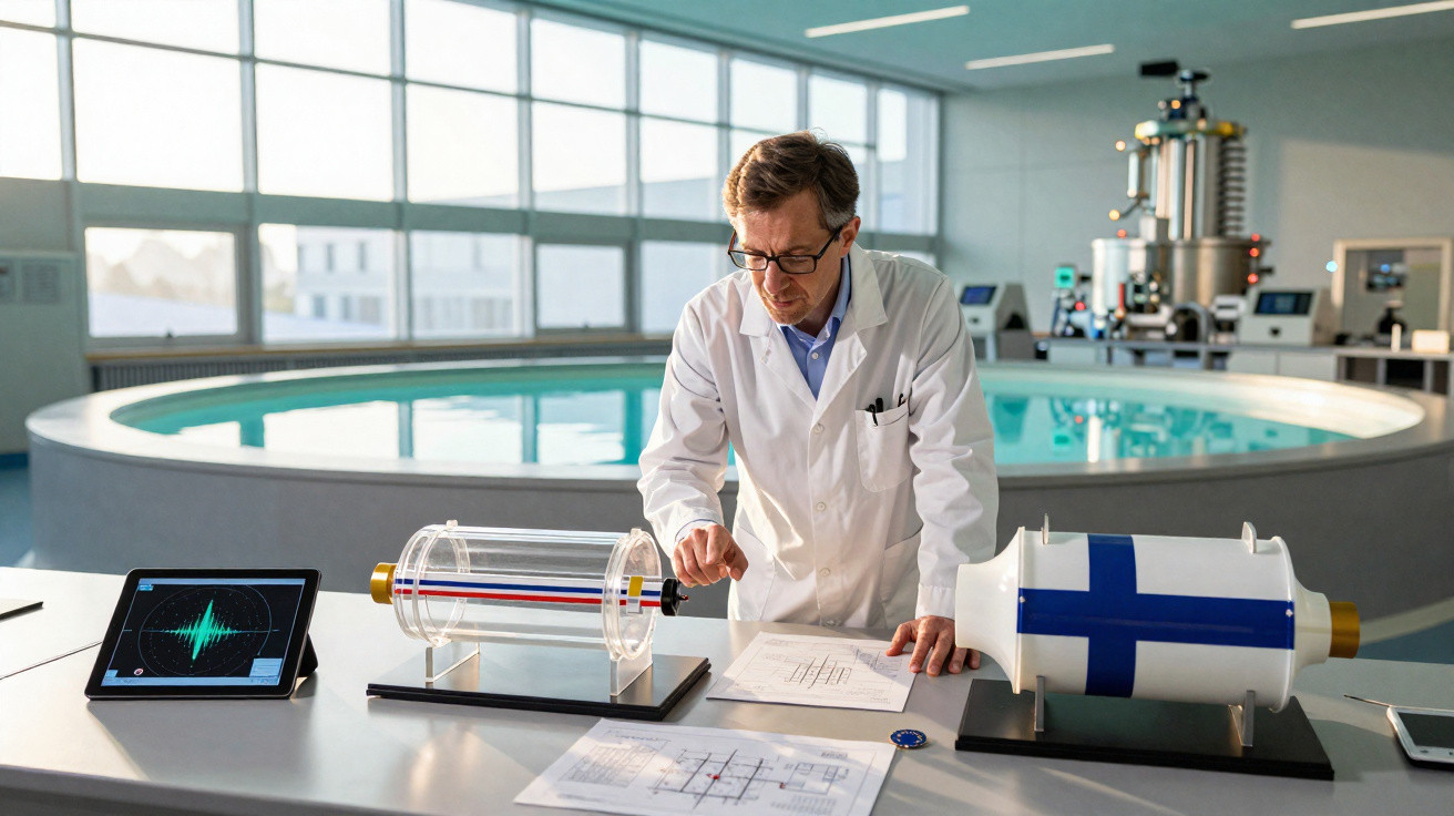 Cientista analisando equipamentos e gráficos em laboratório com piscina de testes ao fundo.