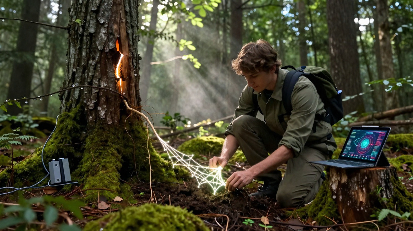Jovem coleta dados com visualização digital luminosa em floresta ao lado de laptop sobre toco de árvore.