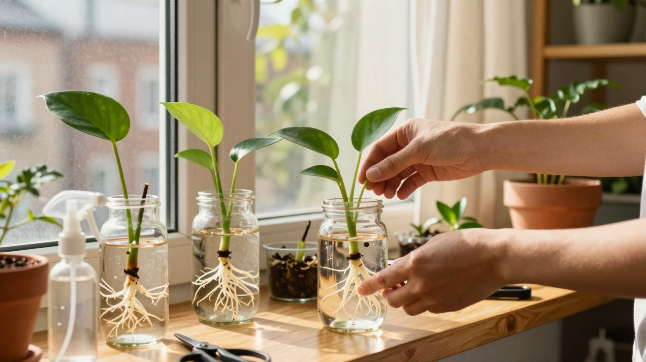 Mãos cuidando de plantas em vidro com água, raízes visíveis, em uma mesa próxima à janela ensolarada.