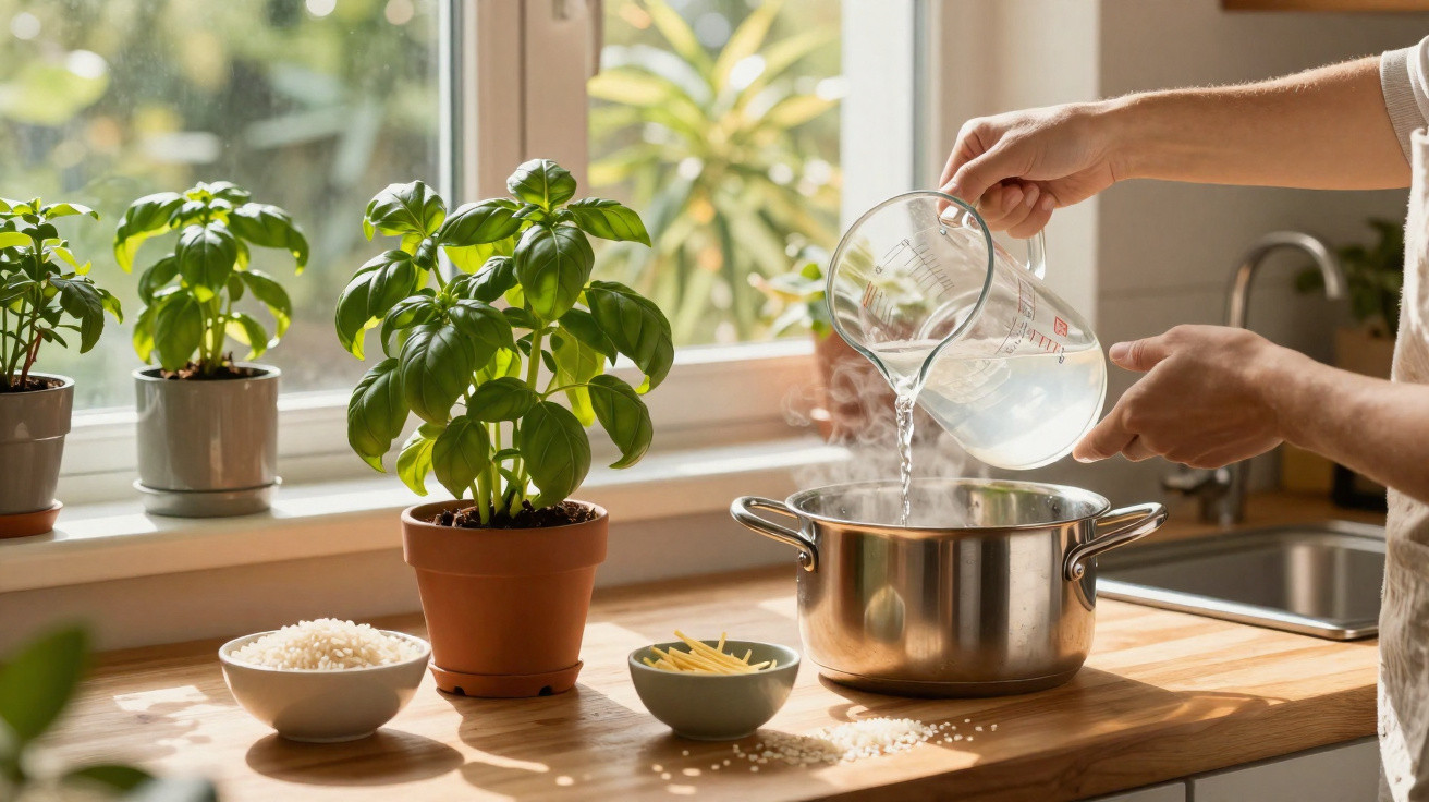 Mãos despejando água fervente em panela na cozinha, com plantas e ingredientes na bancada iluminada pelo sol.