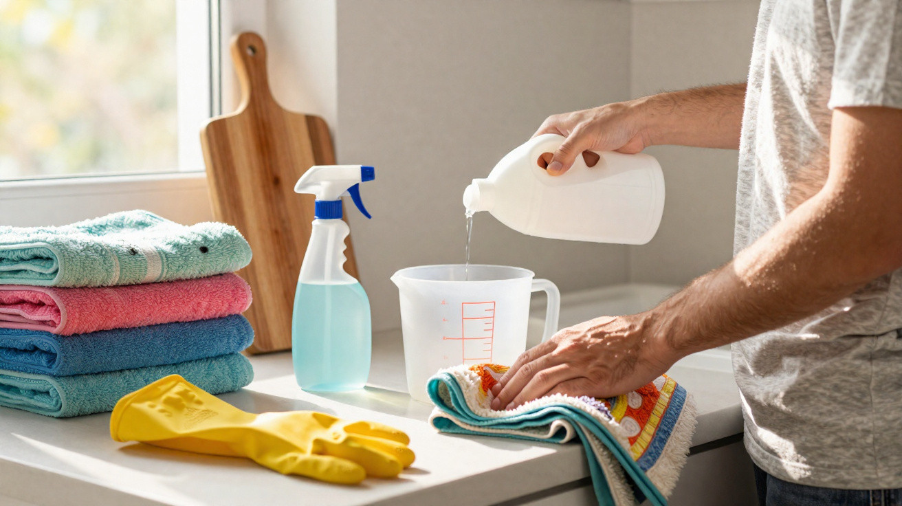 Pessoa despejando líquido em recipiente plástico na cozinha, ao lado de luvas, panos e frasco de spray.