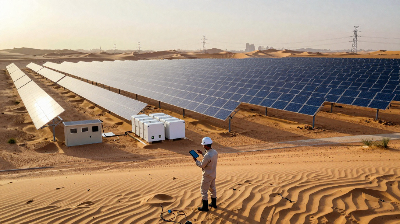 Painéis solares instalados no deserto com técnico inspecionando equipamento ao entardecer.