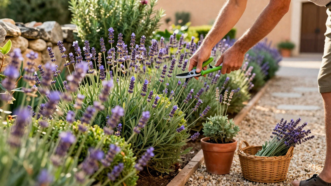Pessoa podando plantas de lavanda em jardim com cesta e vaso ao lado em dia ensolarado.