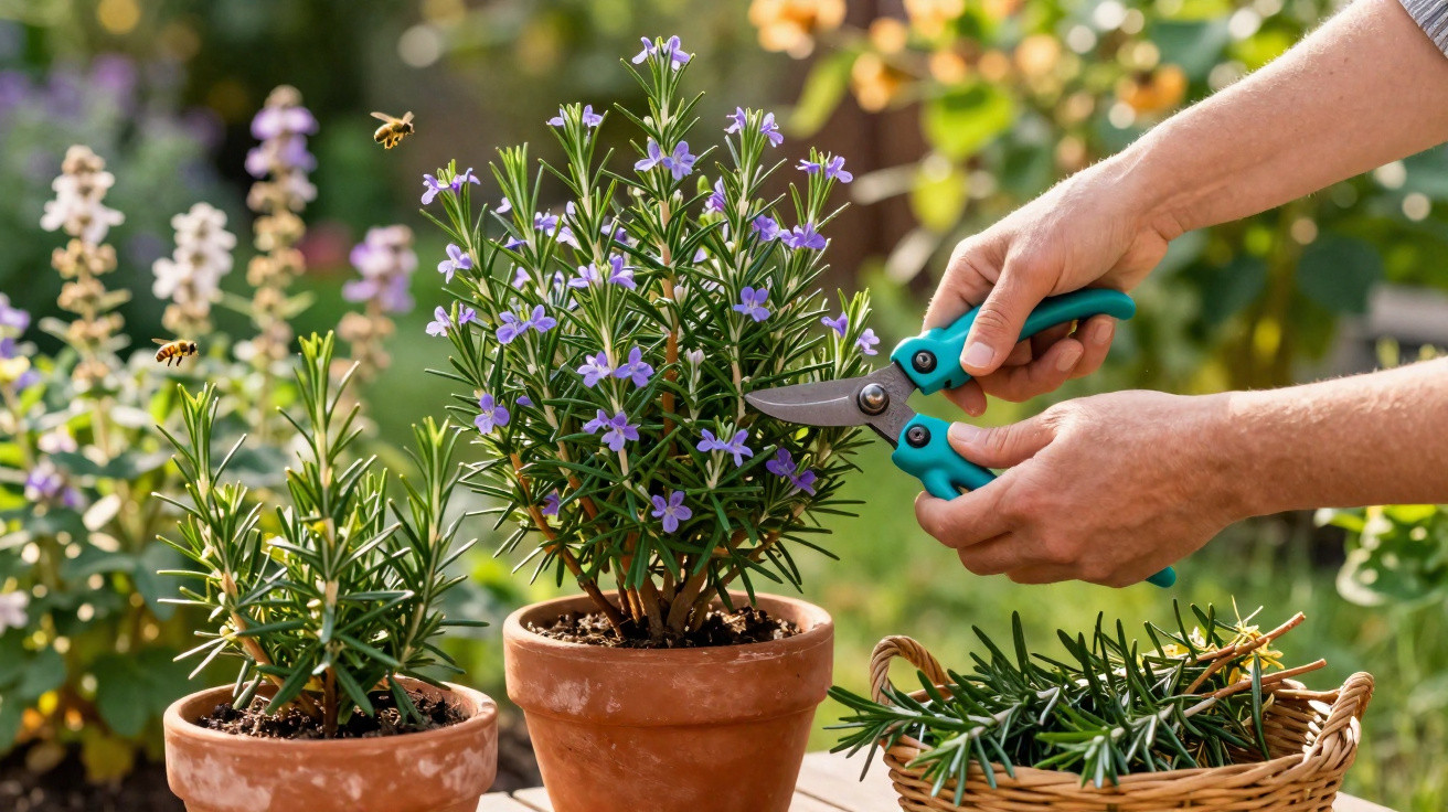 Pessoa podando planta de alecrim com tesoura de jardinagem ao lado de cesta com ramos colhidos.