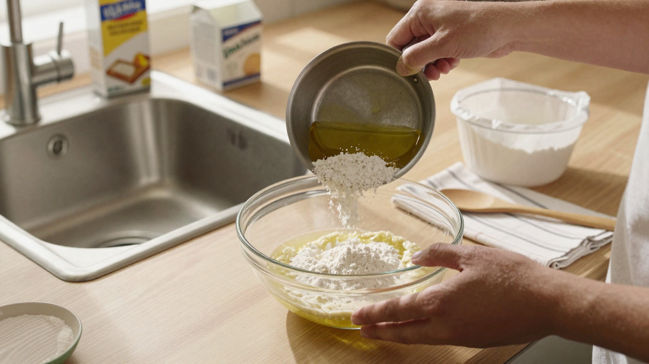 Mãos adicionando farinha a um bowl de vidro com óleo na bancada de cozinha ao lado da pia.