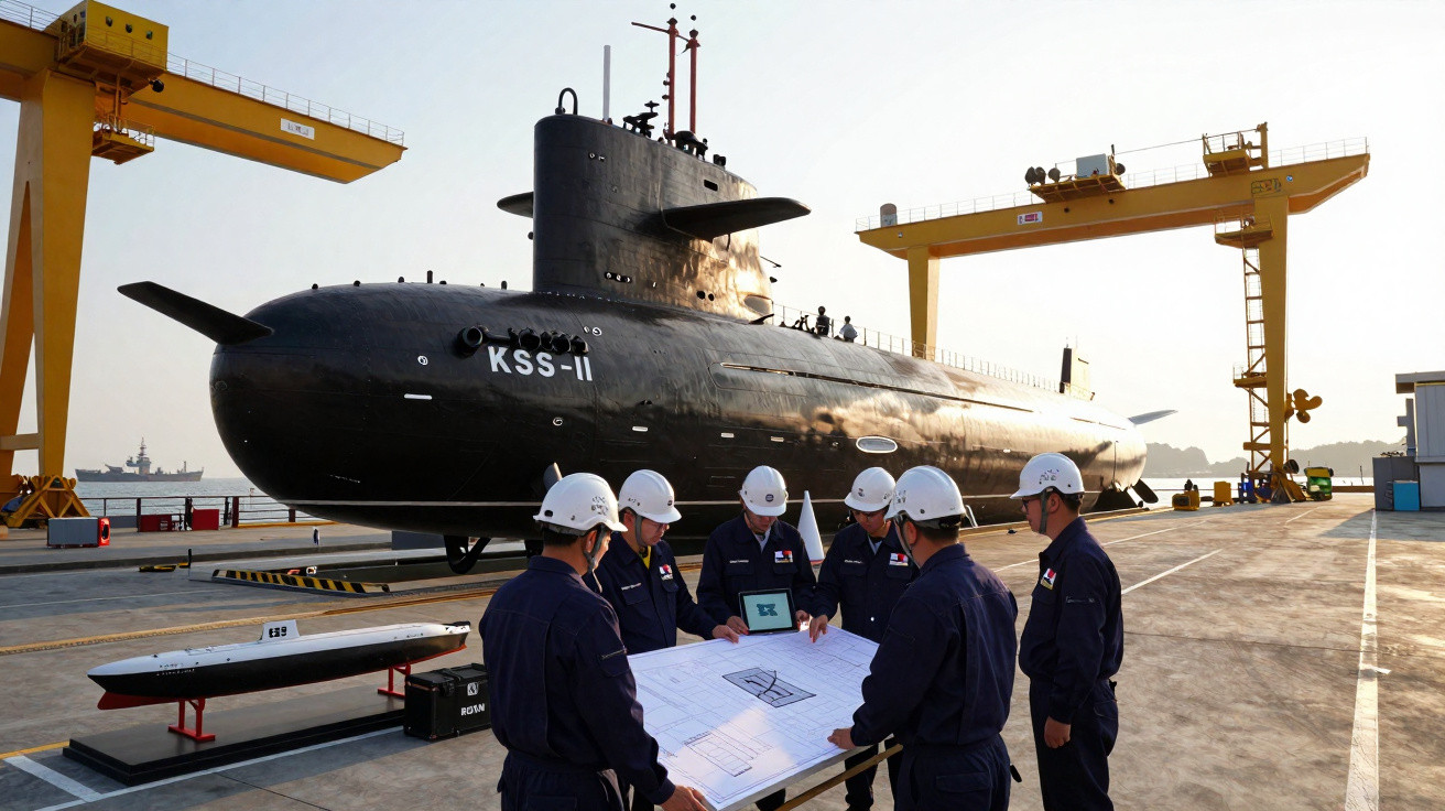 Equipe de militares revisando planta na doca com submarino KSS-II e guindastes amarelos ao fundo.