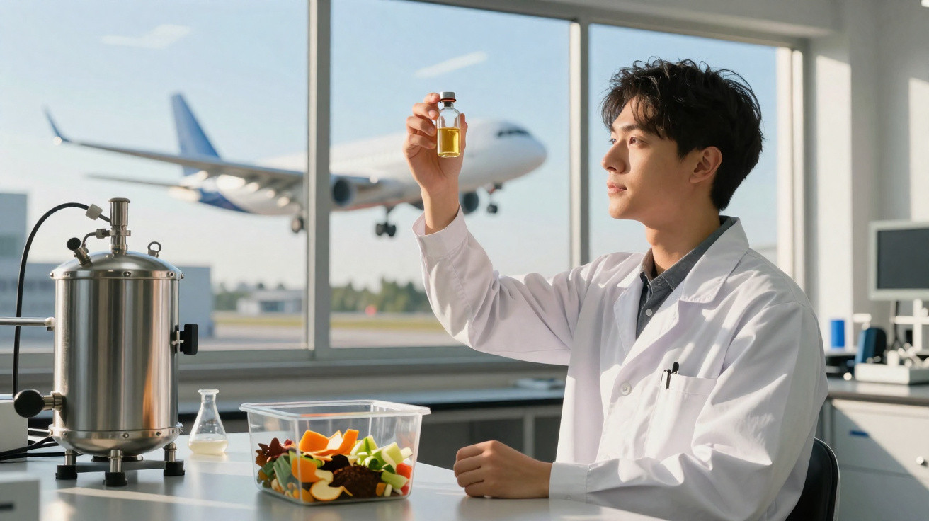 Pesquisador em laboratório analisa amostra líquida com frutas e avião ao fundo na janela.