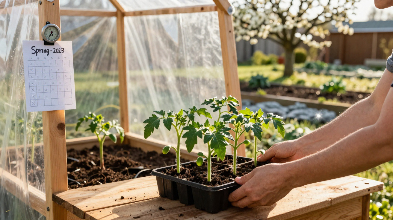 Mãos segurando bandeja com mudas de plantas dentro de estufa de madeira em jardim ensolarado.