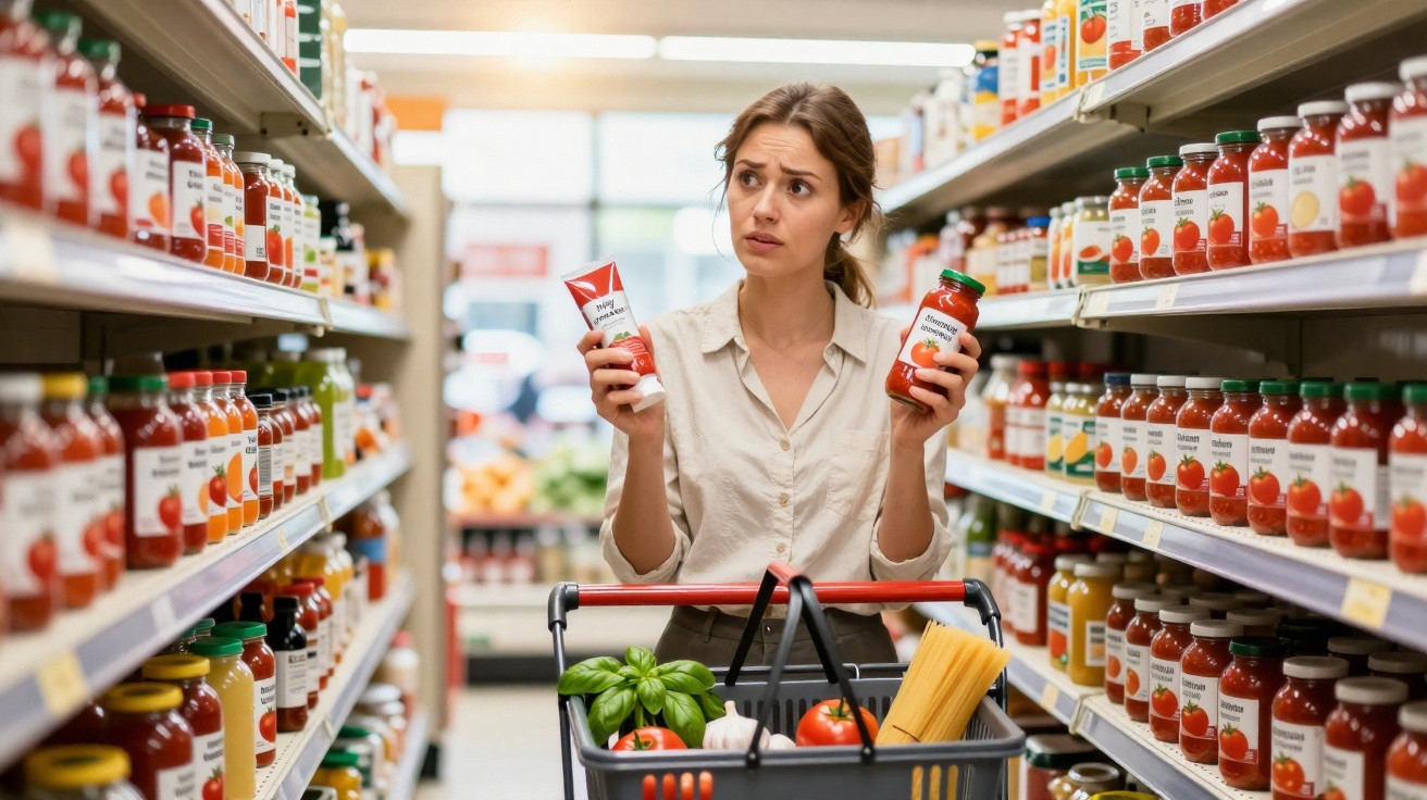 Mulher em supermercado comparando dois produtos de molho de tomate na mão, com carrinho de compras.