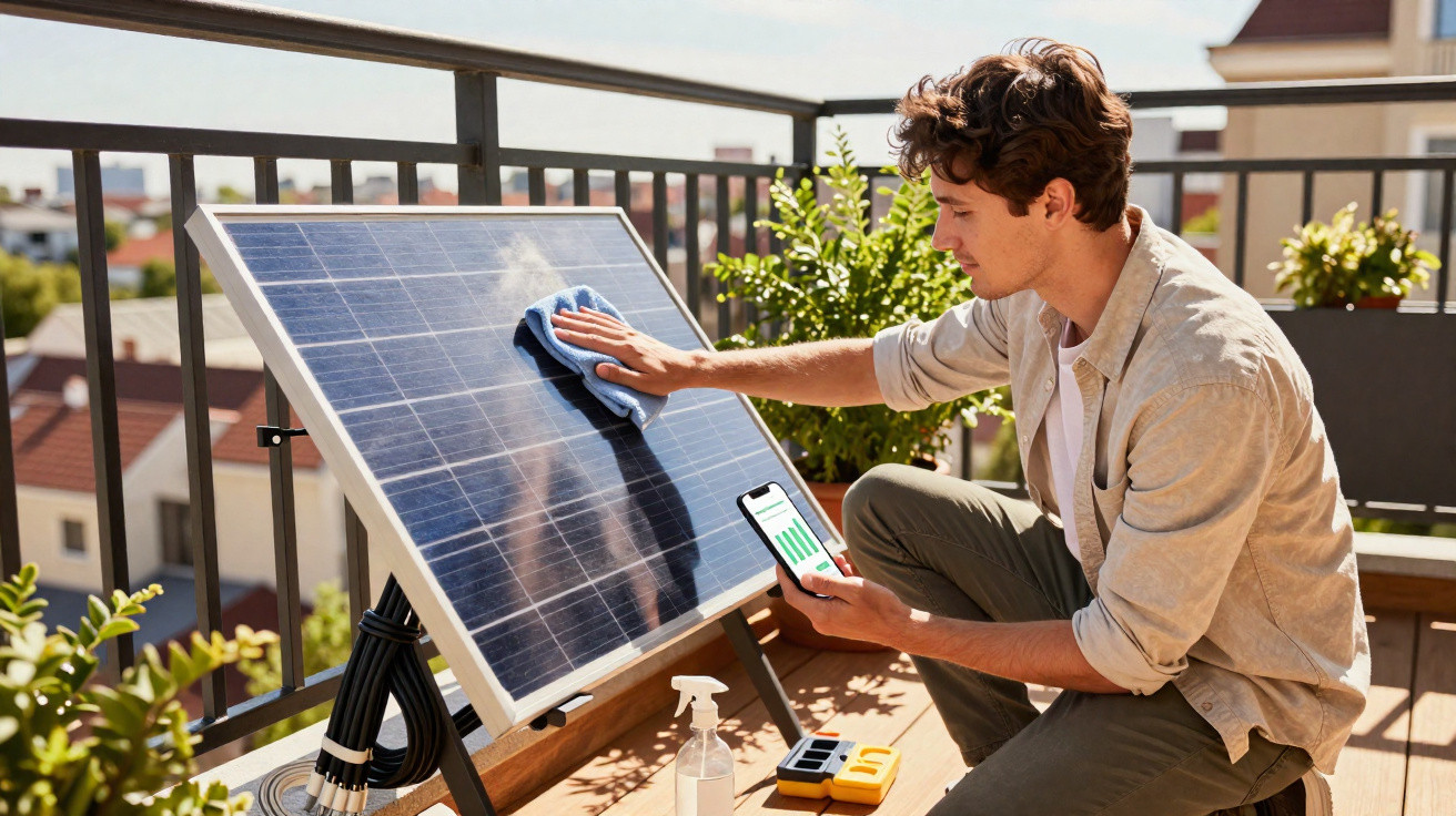 Homem limpando painel solar com pano no terraço, segurando celular com gráficos de energia.