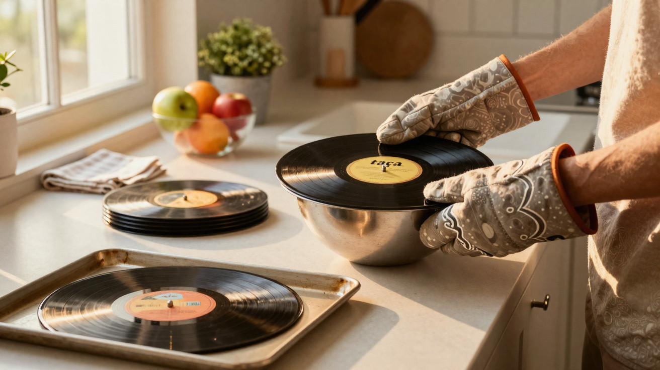 Pessoa usando luvas de forno segurando disco de vinil sobre tigela de metal em cozinha iluminada pelo sol