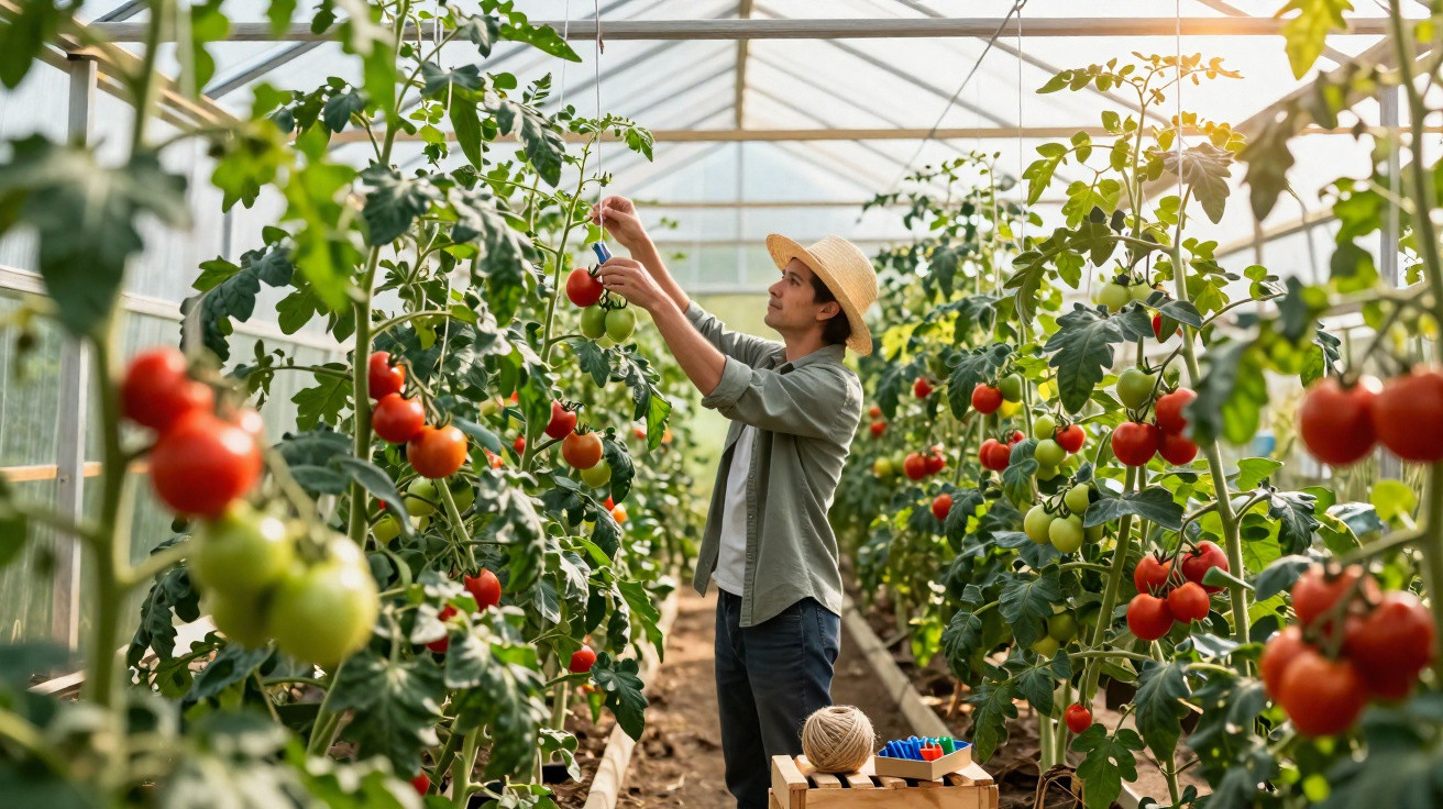Homem colhendo tomates maduros em estufa de cultivo com plantas verdes e frutos vermelhos.