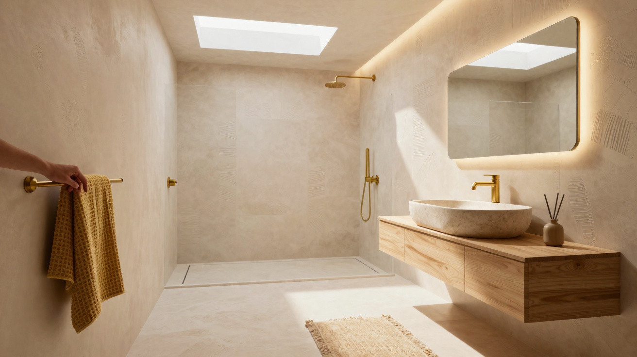 Banheiro minimalista com paredes bege, pia de pedra, bancada de madeira e iluminação natural pelo teto.