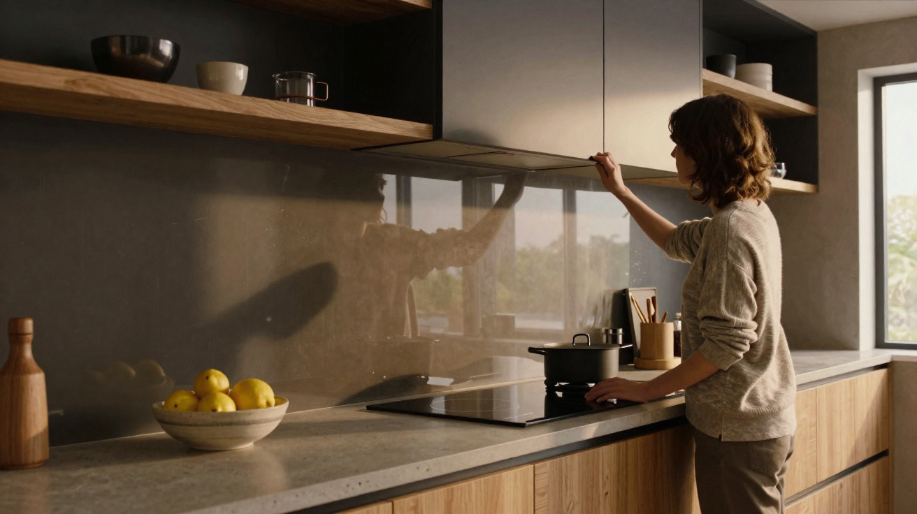 Mulher abrindo armário em cozinha moderna com bancada, fogão e fruteira com limões.