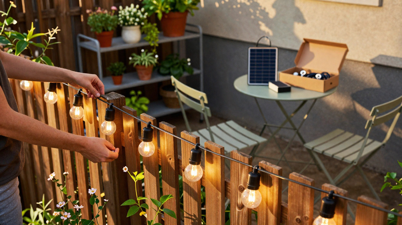 Pessoa pendura luzes decorativas em cerca de madeira em área externa com mesa, cadeiras e plantas ao fundo.
