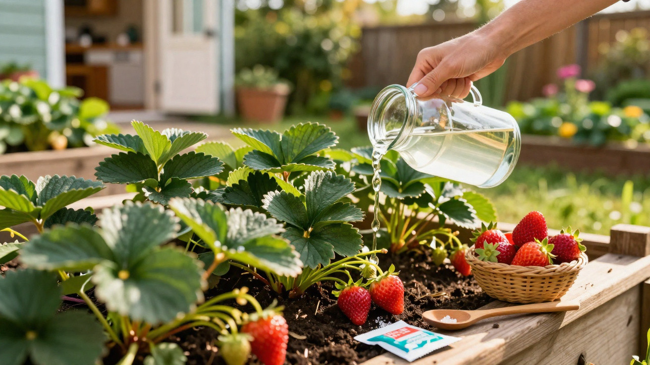 Mão regando plantas de morango em canteiro com morangos maduros e cesta ao lado em jardim ensolarado.