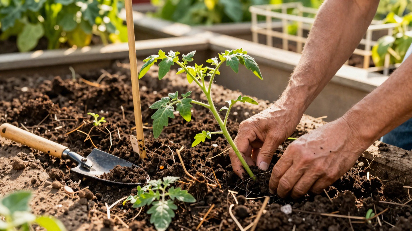 Mãos plantando muda de tomate em canteiro com terra, ao lado de uma pequena pá de jardinagem.