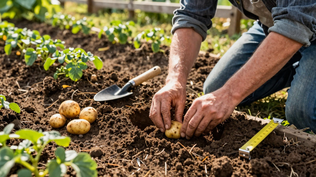 Pessoa plantando batatas em solo fértil com ferramentas de jardinagem ao redor.