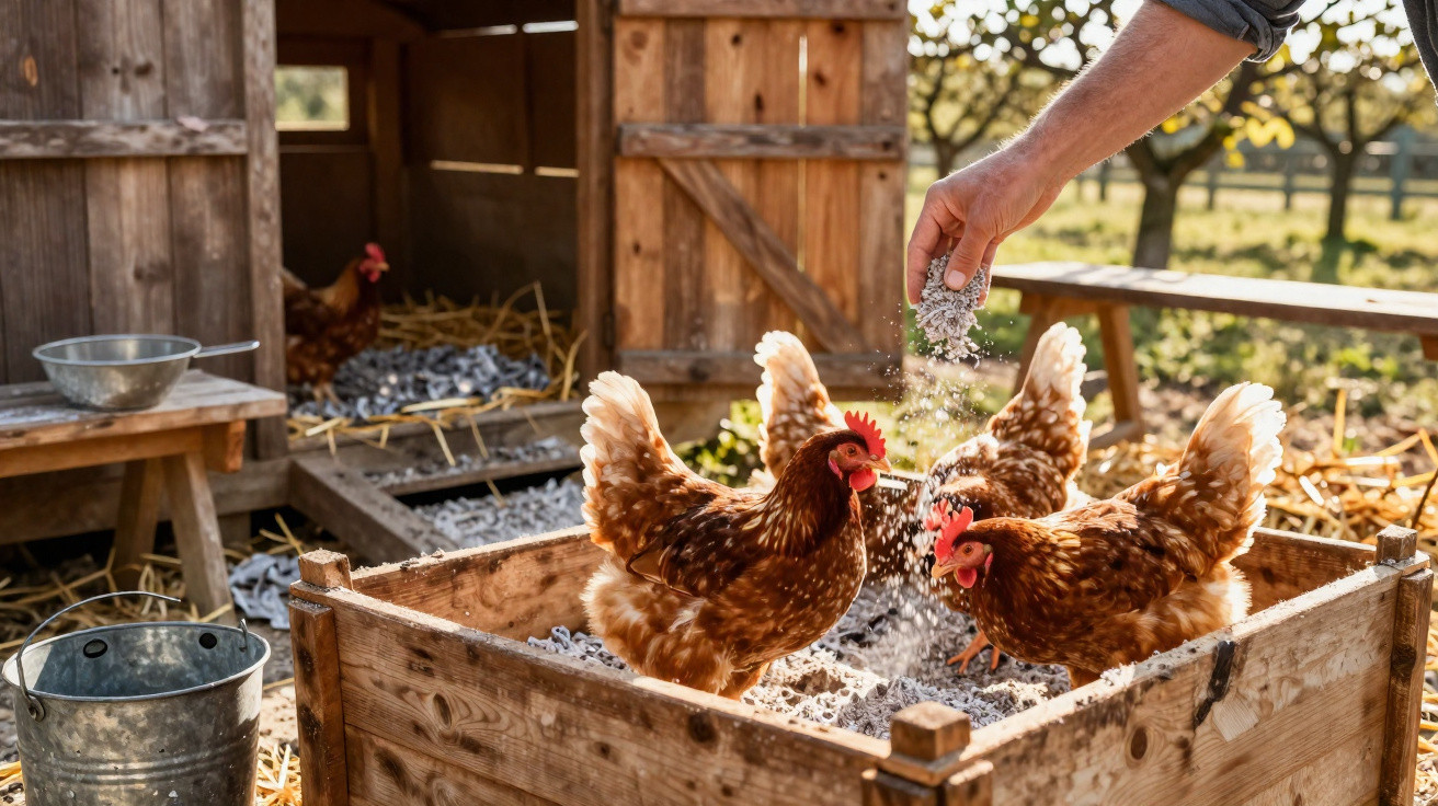 Mãos alimentando galinhas marrons em um cercado de madeira ao ar livre em um dia ensolarado.