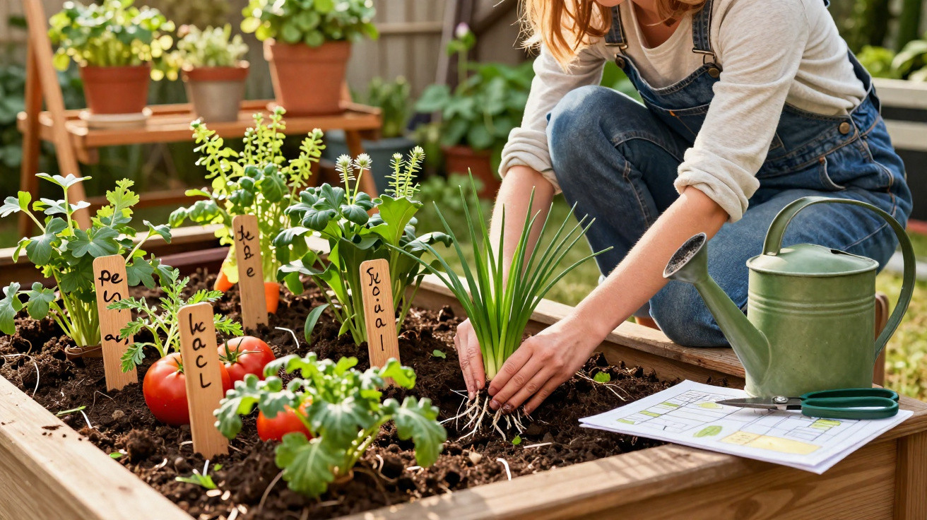 Pessoa plantando temperos em horta suspensa com regador, tesoura e etiquetas indicando os nomes das plantas.
