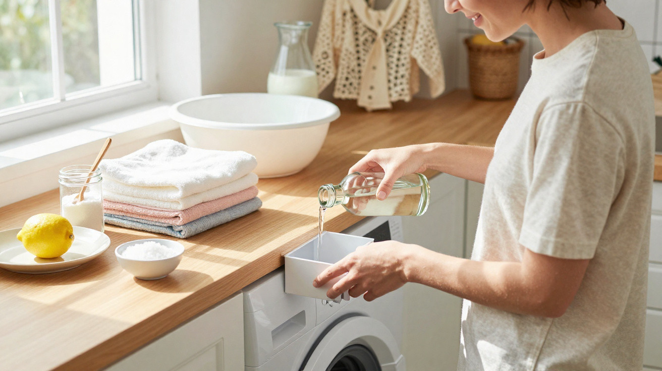 Mulher preparando detergente caseiro para lavar roupas na lavanderia com ingredientes naturais na bancada.