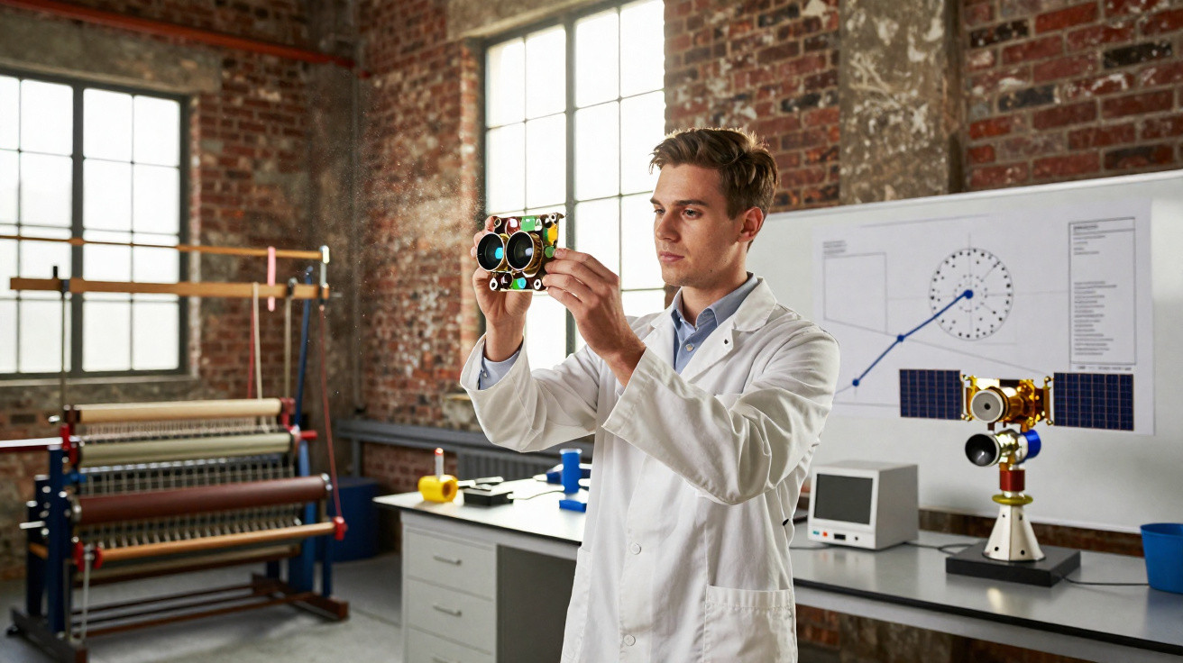 Homem de jaleco branco segurando dispositivo tecnológico em laboratório com equipamentos e quadro branco ao fundo.