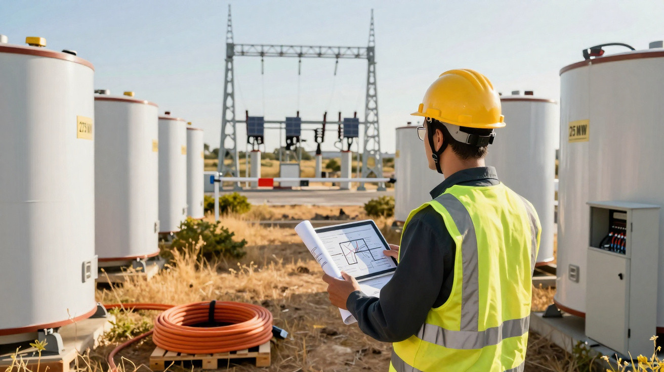Engenheiro de segurança com capacete e colete verificando planta em instalação elétrica ao ar livre.