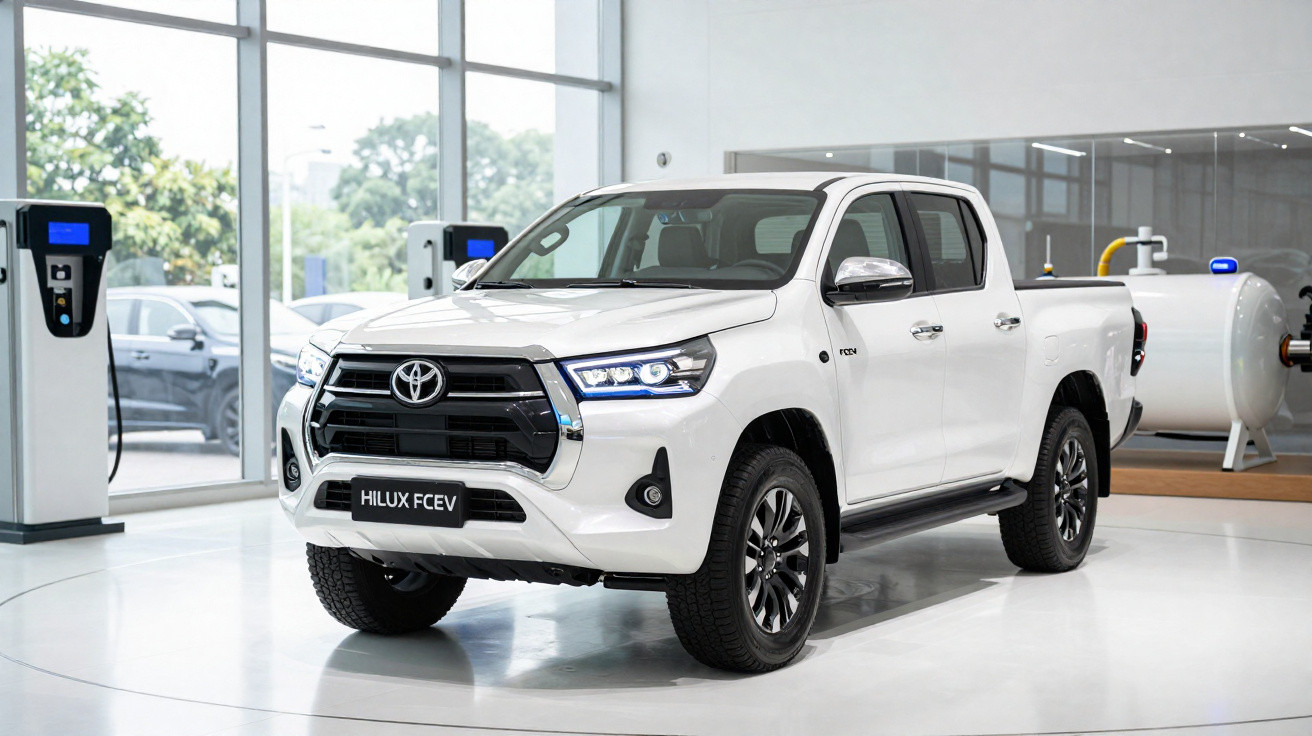 Picape Toyota Hilux FCEV branca exibida em showroom moderno com painéis de vidro.
