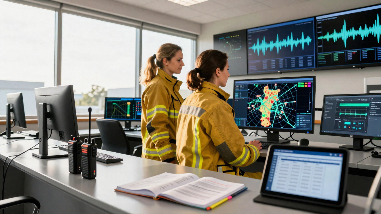 Duas bombeiras analisando mapas e gráficos em monitores de um centro de comando moderno.