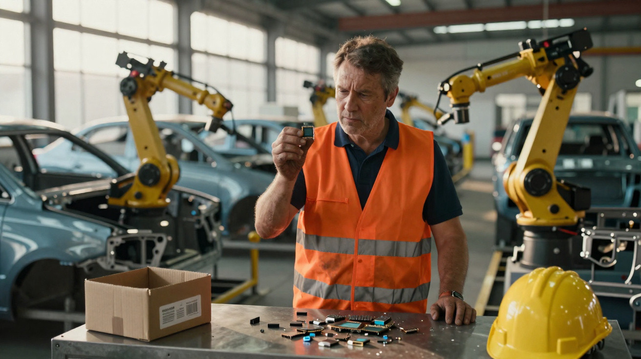 Homem com colete laranja analisa peça eletrônica em fábrica de carros com braços robóticos ao fundo.