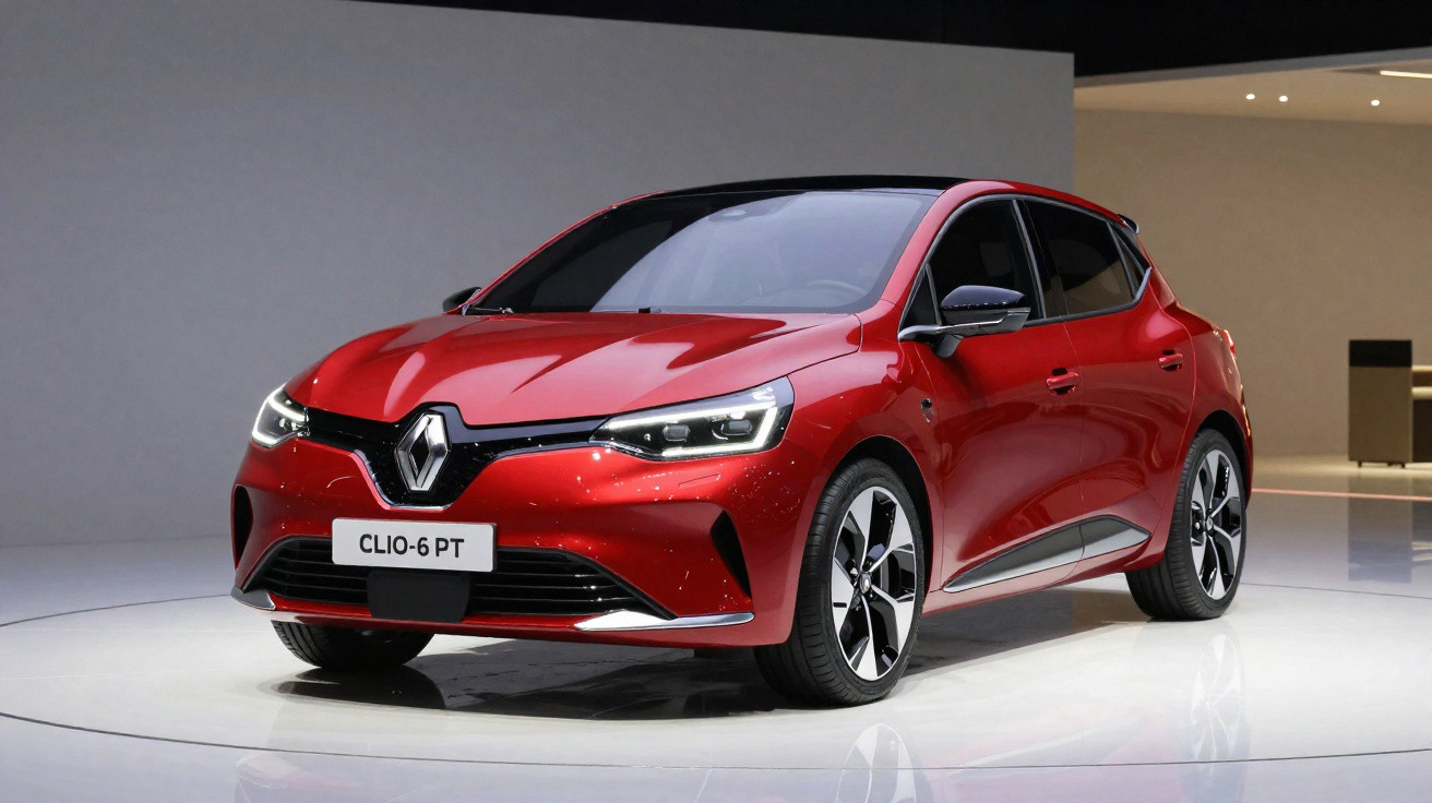 Carro hatchback vermelho Renault Clio-6 PT em exposição com iluminação de estúdio.