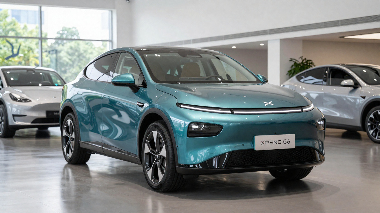 Carro elétrico azul XPeng G6 exibido em showroom moderno com outros veículos ao fundo.