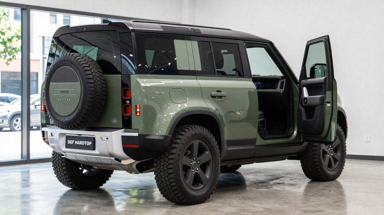 Carro SUV off-road verde militar com porta dianteira aberta em ambiente interno moderno.