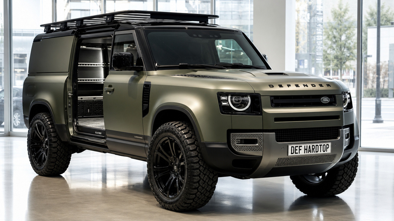 SUV Land Rover Defender verde fosco com portas abertas em ambiente interno moderno.