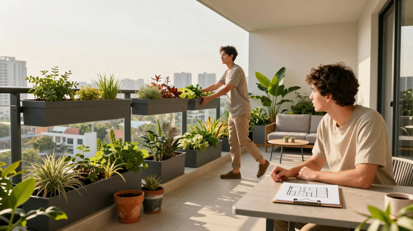 Jovem em varanda ensolarada cuidando de plantas enquanto outro observa planta baixa em prancheta.