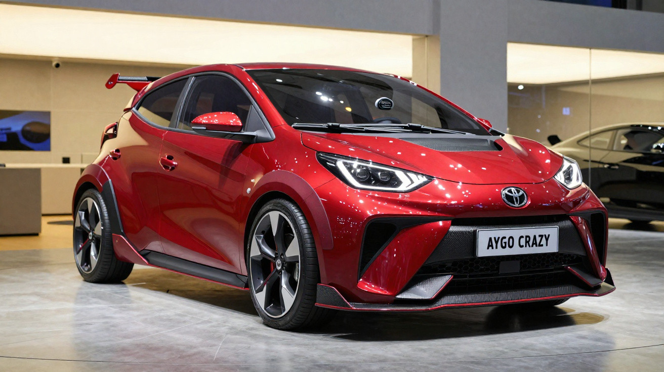 Carro esportivo vermelho Toyota Aygo Crazy exposto em salão automotivo moderno.