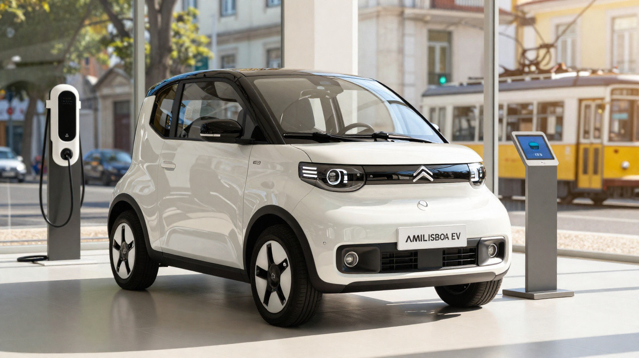 Carro elétrico Citroën AMI.LISBOA EV branco estacionado em área urbana com estação de recarga ao lado.