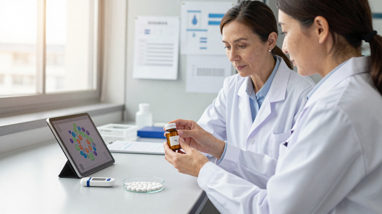 Duas cientistas em jaleco analisando frasco de medicamento próximo a tablet e comprimidos em laboratório.