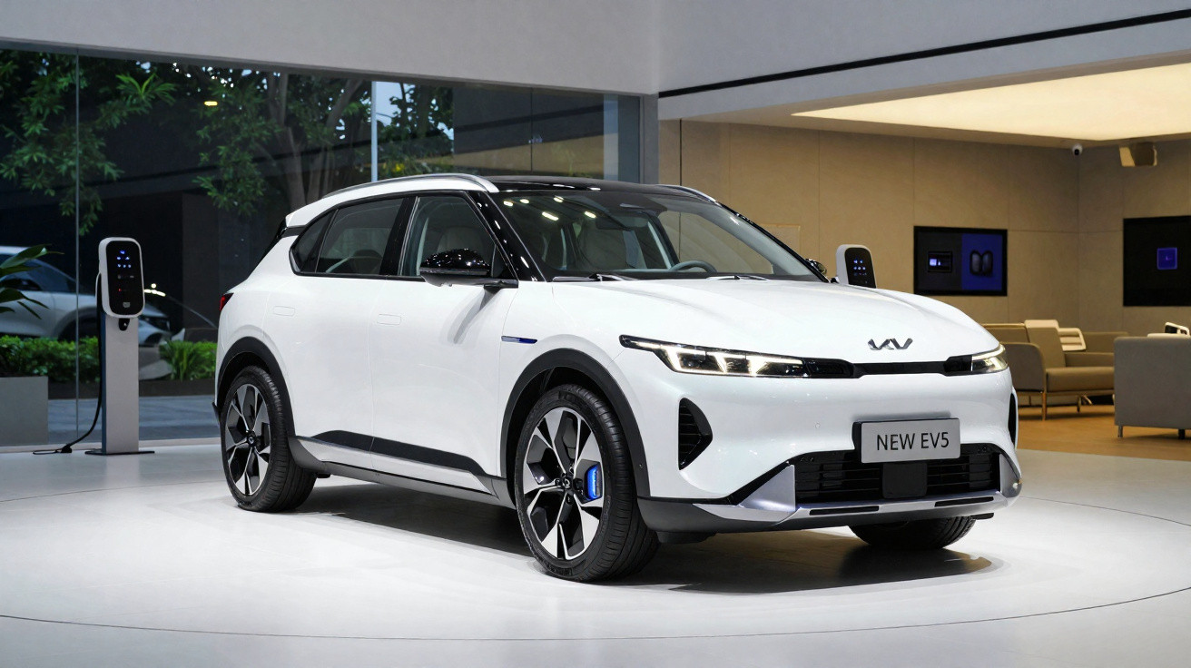 Carro elétrico branco Kia New EV5 exibido em showroom moderno com estação de carregamento ao fundo.