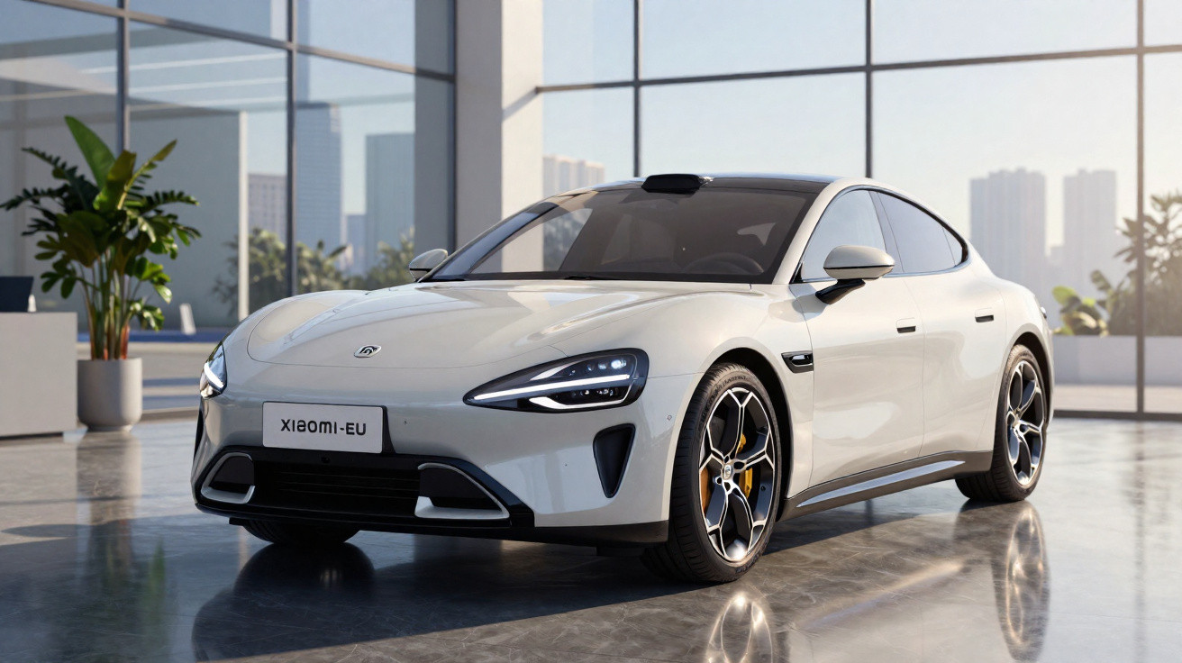 Carro elétrico branco Xiaomi-EU em showroom moderno com teto solar e rodas esportivas.