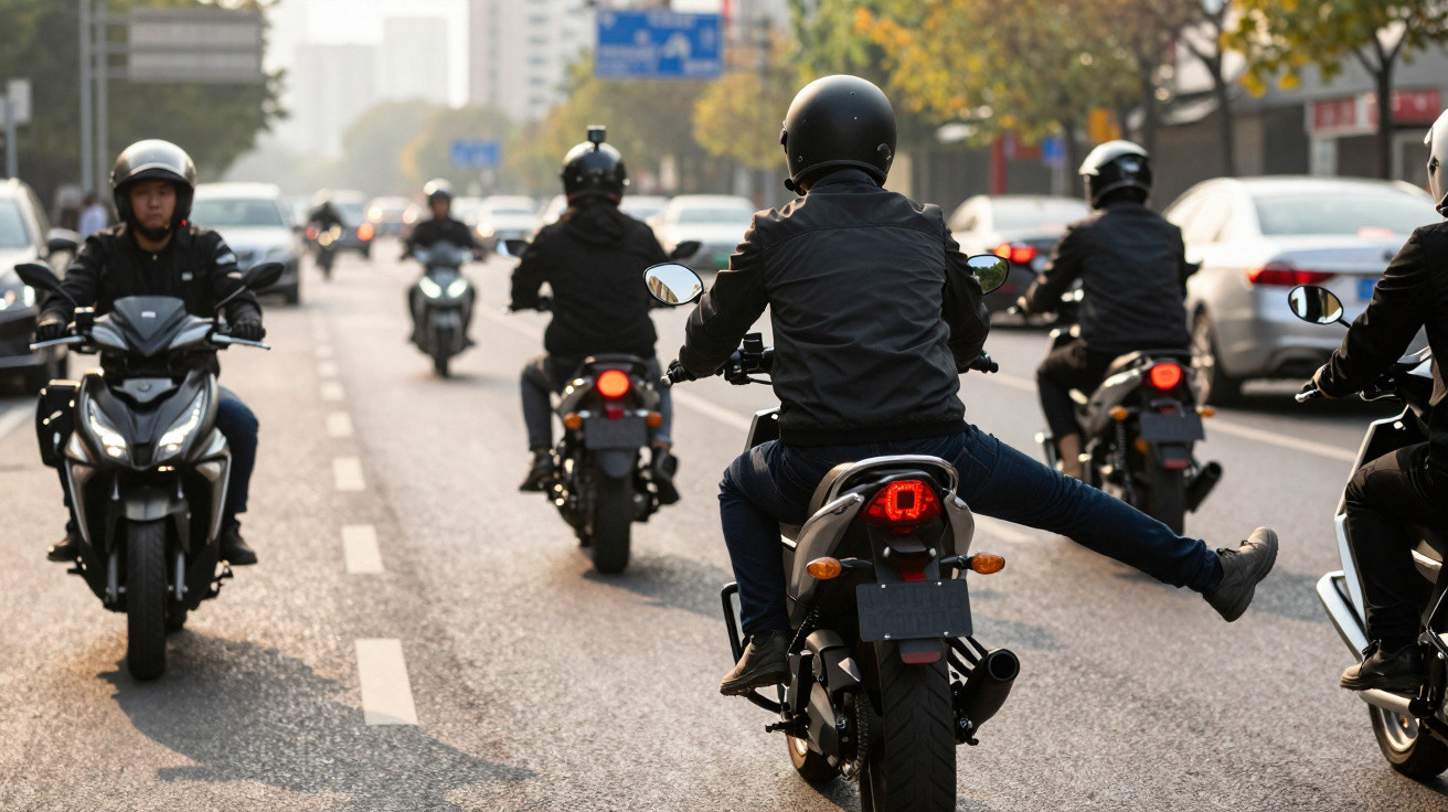 Grupo de motociclistas usando capacetes pilotando em rua com carros ao redor em dia claro.